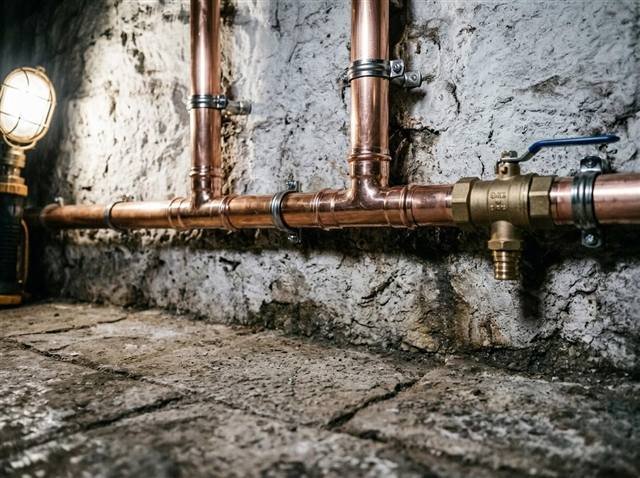 Después: nuevo tramo de cobre con abrazaderas inoxidables y llave de bola, muro y suelo secos