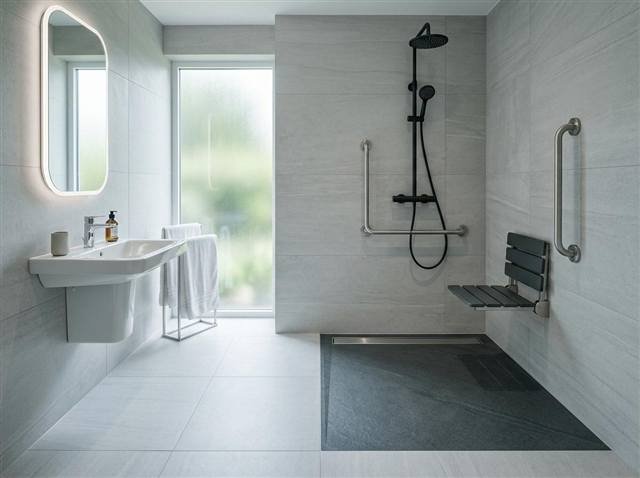 Baño adaptado con ducha a cota cero, sumidero lineal, asiento abatible y barras de apoyo
